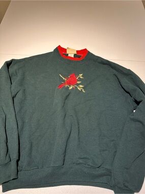 Forest Green Crewneck Sweatshirt with Red Cardinal Embroidery
